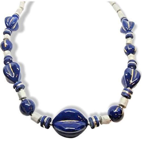 Vintage Necklace Chunky Retro Japan Cobalt Blue Gray Beads 80s Style 26" - Picture 2 of 8